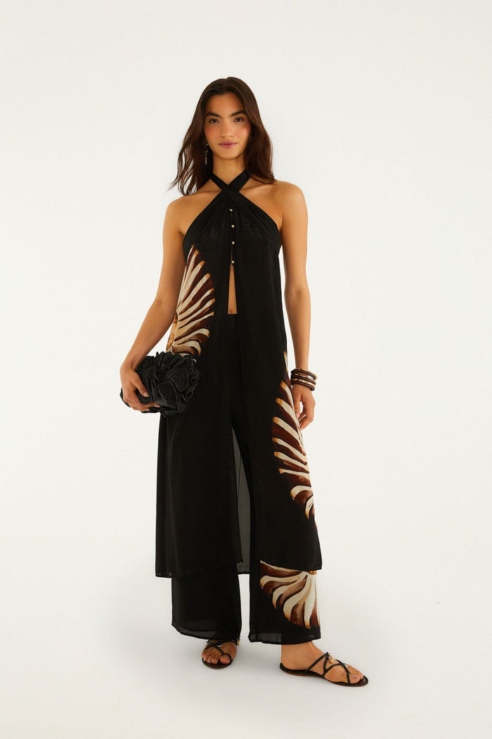 FARM Rio model wearing the Black Ammonite Halter Neck Open Front Midi Tunic