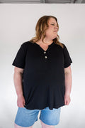 Black Double Button Ribbed V-Neck Boyfriend Tee