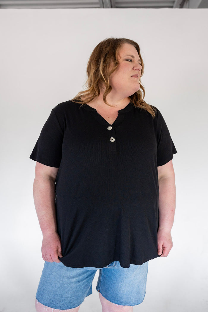 Black Double Button Ribbed V-Neck Boyfriend Tee