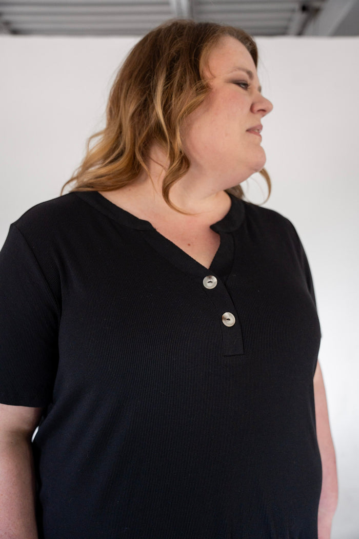 Black Double Button Ribbed V-Neck Boyfriend Tee