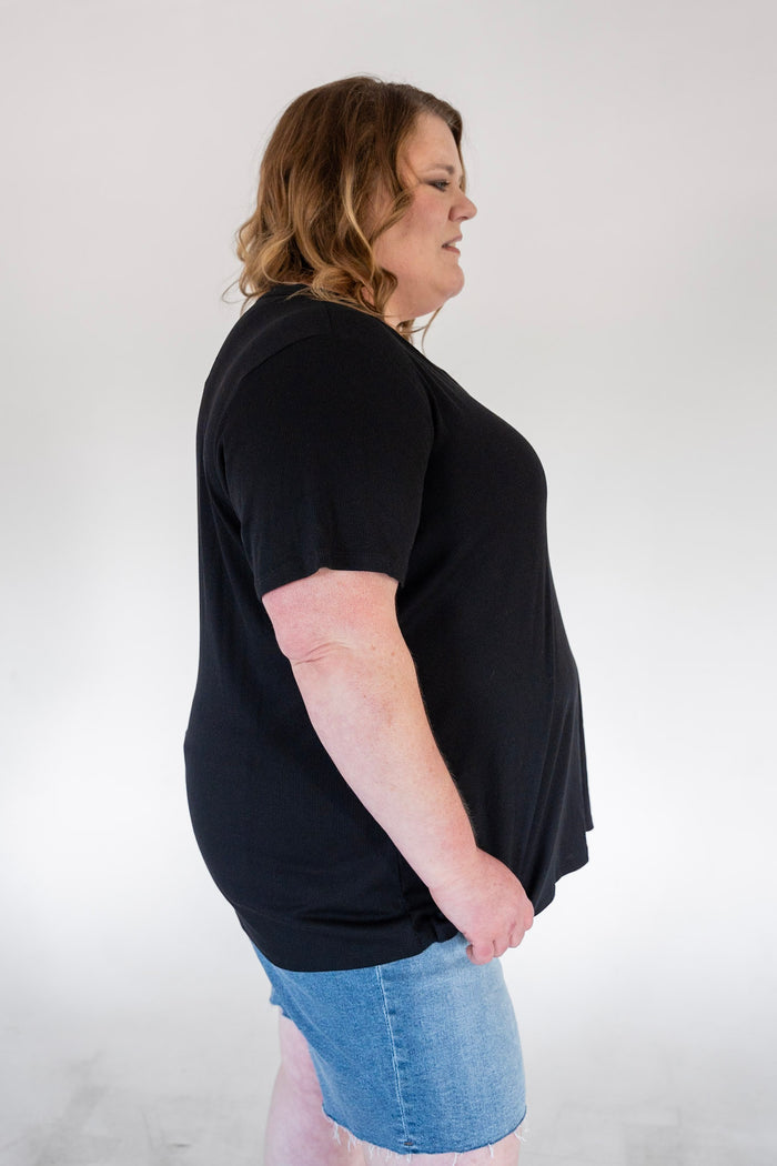 Black Double Button Ribbed V-Neck Boyfriend Tee