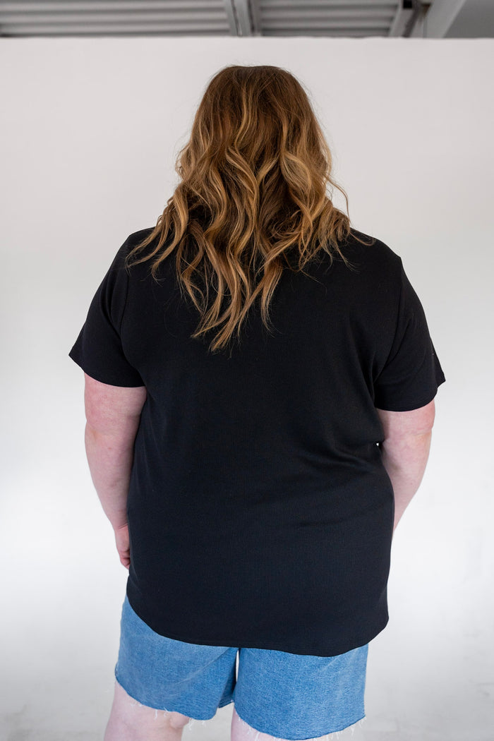 Black Double Button Ribbed V-Neck Boyfriend Tee