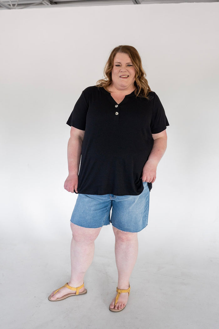 Black Double Button Ribbed V-Neck Boyfriend Tee