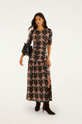 FARM Rio model wearing the Black Porcelain Birds Long Sleeve Slim Maxi Dress