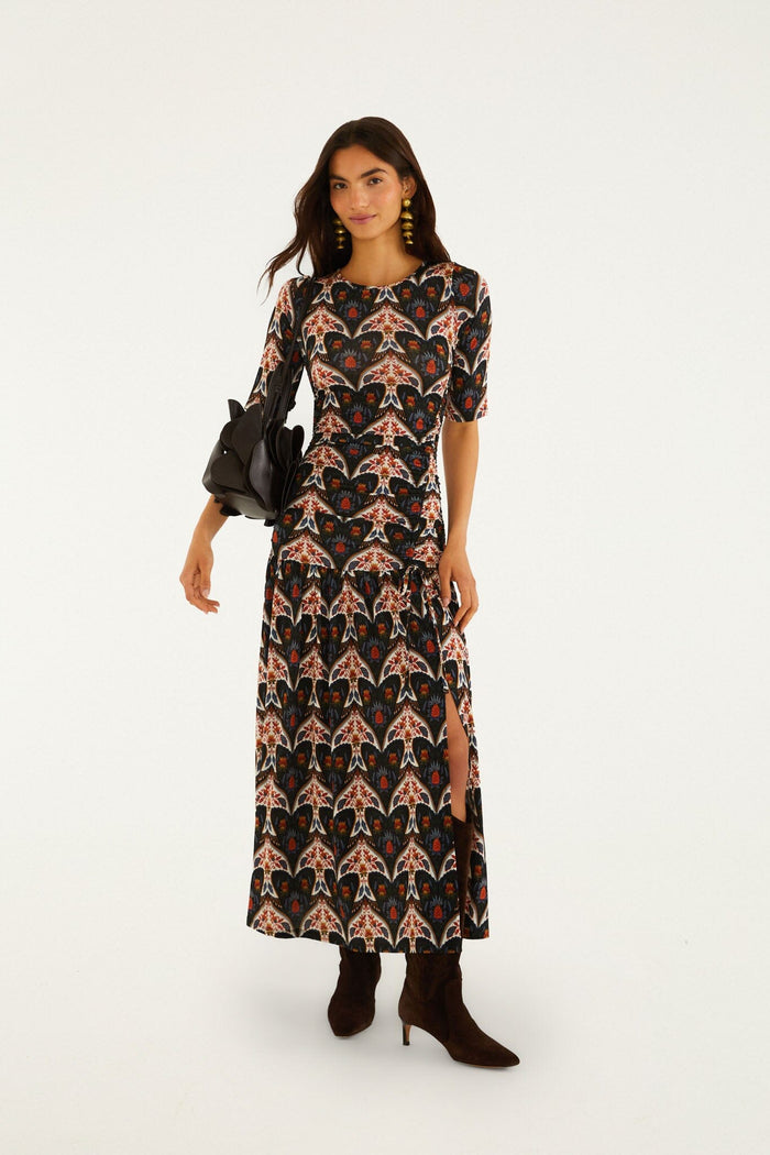 FARM Rio model wearing the Black Porcelain Birds Long Sleeve Slim Maxi Dress