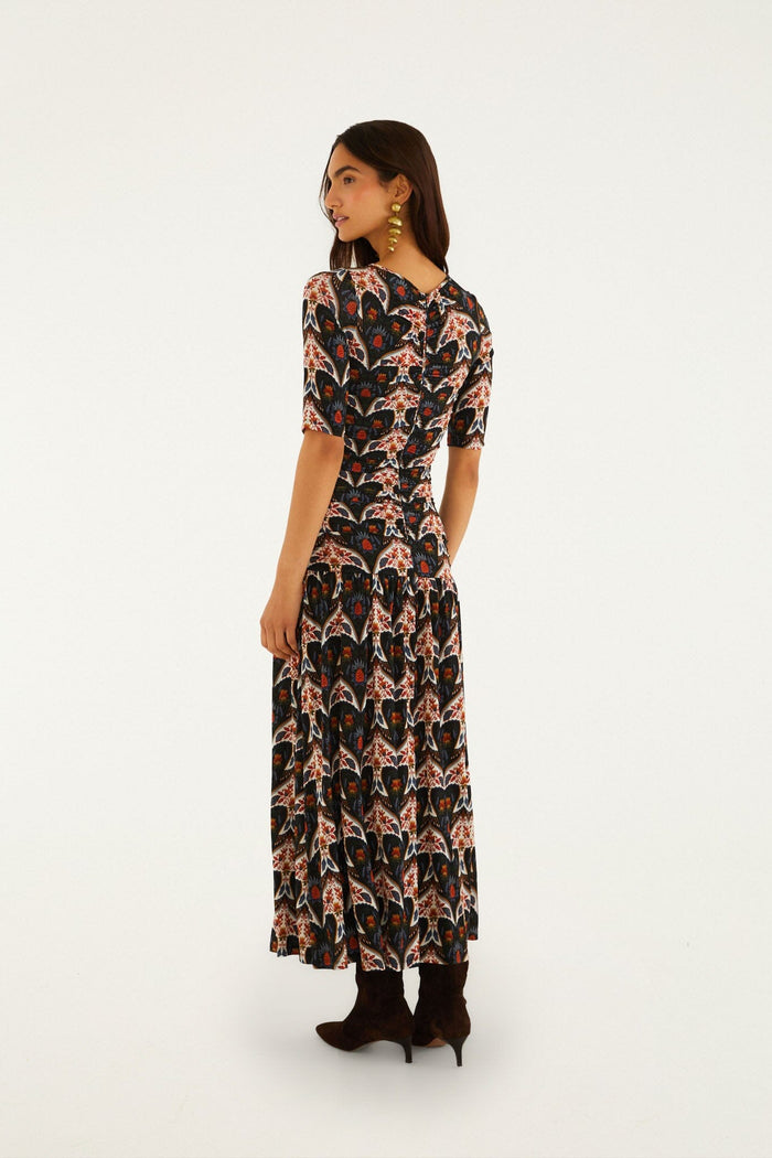 FARM Rio model wearing the Black Porcelain Birds Long Sleeve Slim Maxi Dress