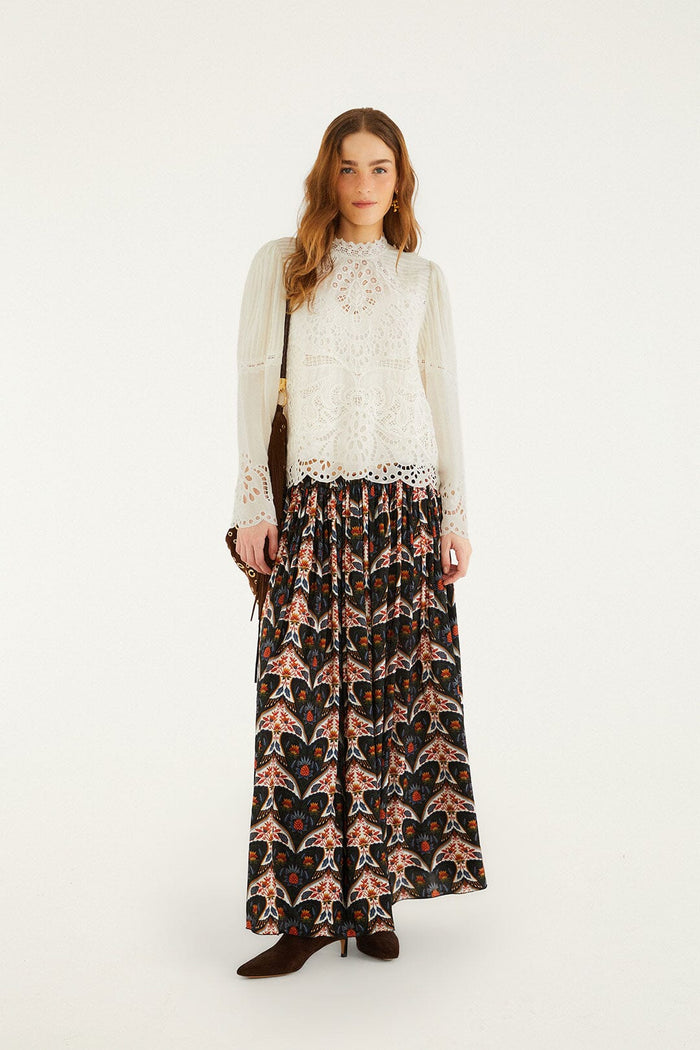 FARM Rio model wearing the Black Porcelain Birds Pleats Maxi Skirt