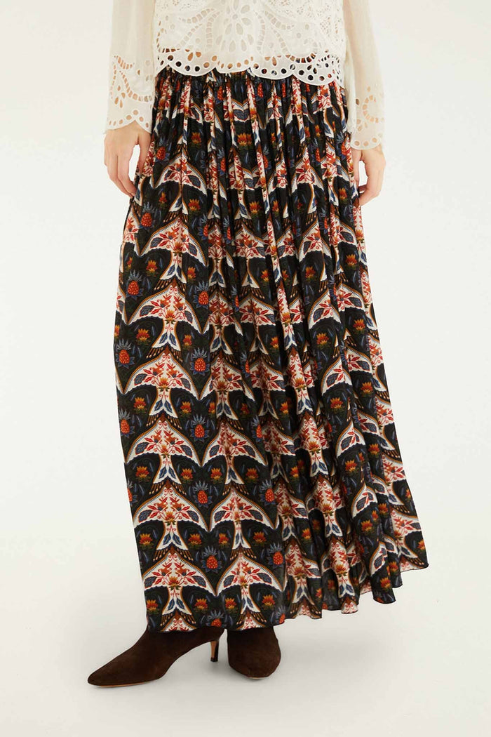 FARM Rio model wearing the Black Porcelain Birds Pleats Maxi Skirt