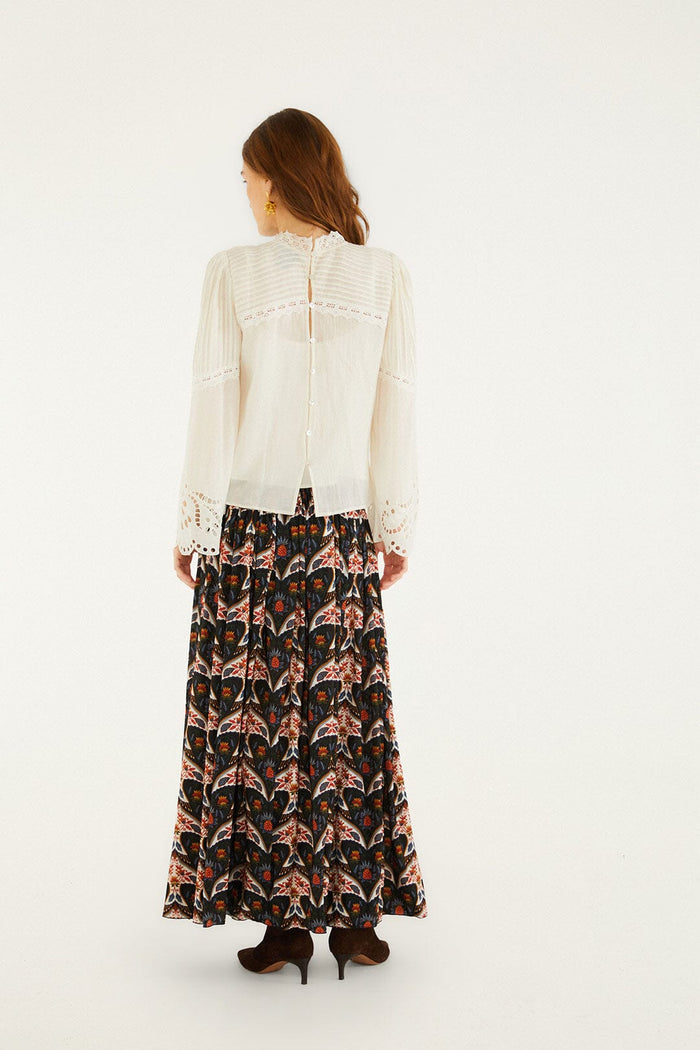 FARM Rio model wearing the Black Porcelain Birds Pleats Maxi Skirt