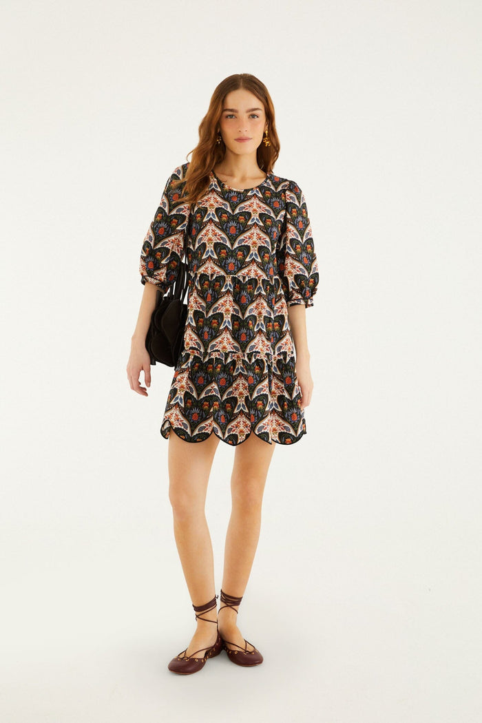 FARM Rio model wearing the Black Porcelain Birds Puff Sleeve Mini Dress