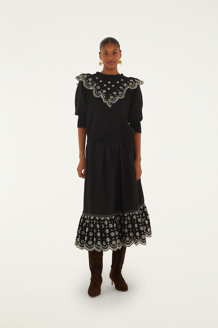 FARM Rio model wearing the Black Richelieu Ruffled Midi Skirt