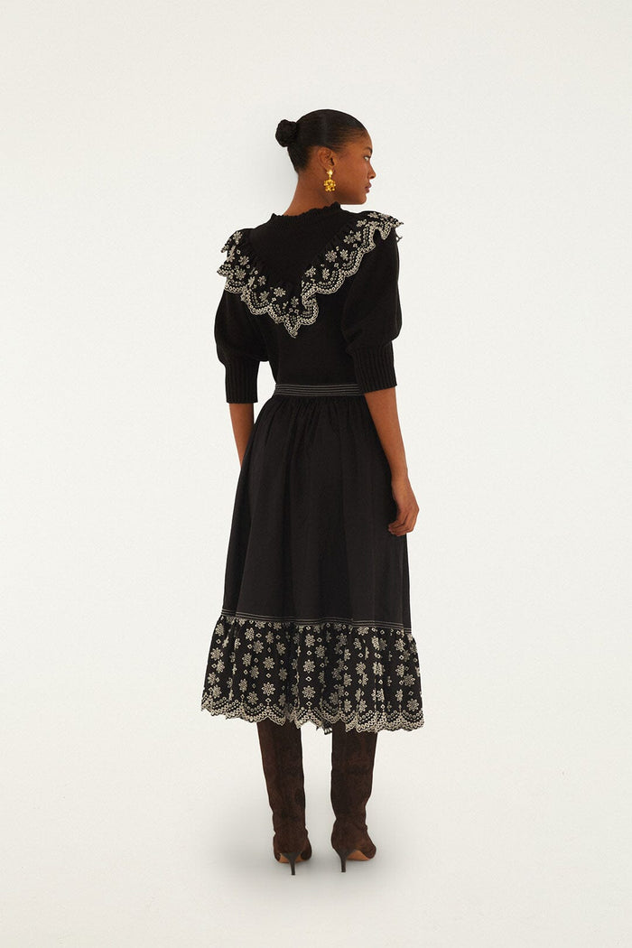 FARM Rio model wearing the Black Richelieu Ruffled Midi Skirt