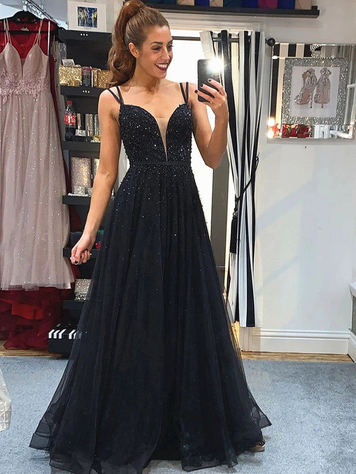 Black V Neck Backless Beaded Prom Dresses, Black Backless Formal Evening Dresses