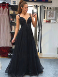 Black V Neck Backless Beaded Prom Dresses, Black Backless Formal Evening Dresses