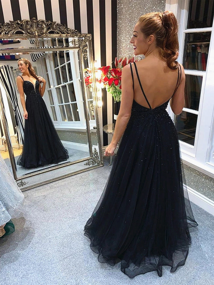 Black V Neck Backless Beaded Prom Dresses, Black Backless Formal Evening Dresses