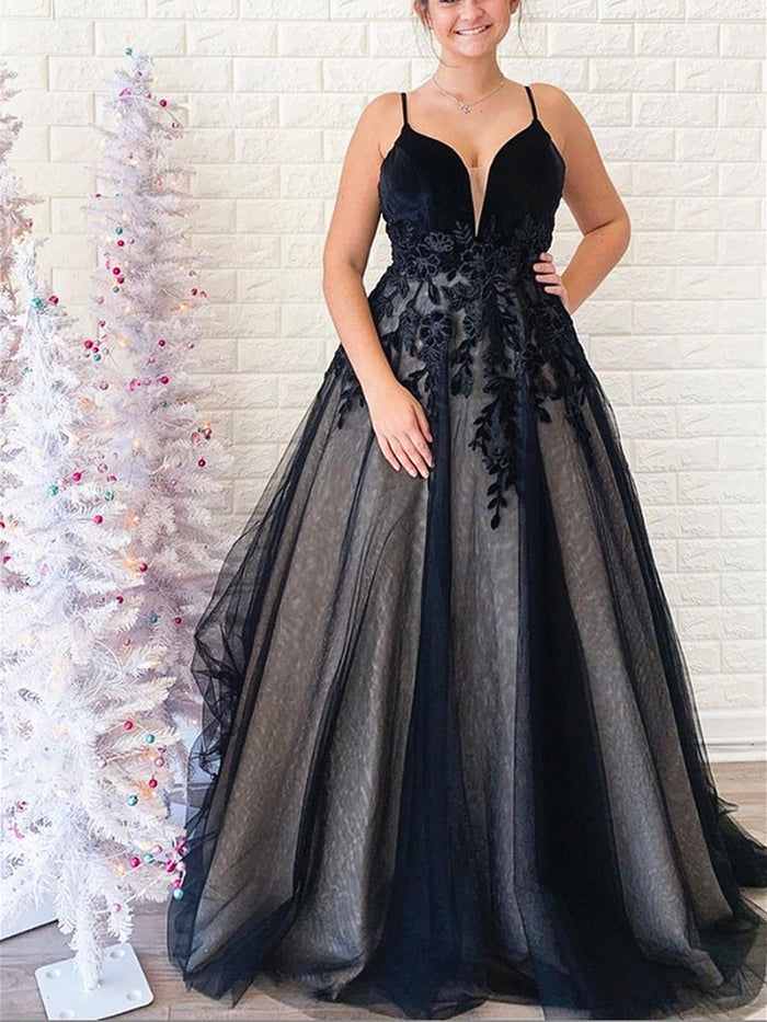 Black V Neck Backless Lace Prom Dresses, Backless Long Black Lace Formal Evening Graduation Dresses