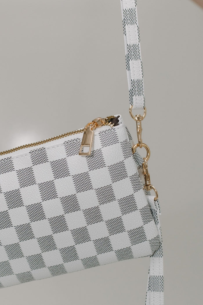BLACK & WHITE CHECK PATTERN VEGAN LEATHER CLUTCH WRISTLET & CROSSBODY - Love Marlow