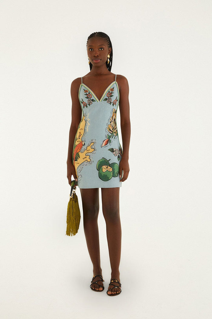 FARM Rio model wearing the Blue Beaches Path Ballon Mini Dress