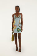 FARM Rio model wearing the Blue Beaches Path Ballon Mini Dress