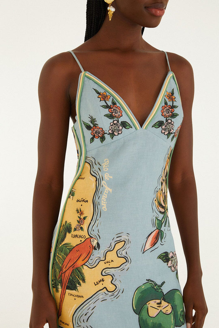 FARM Rio model wearing the Blue Beaches Path Ballon Mini Dress
