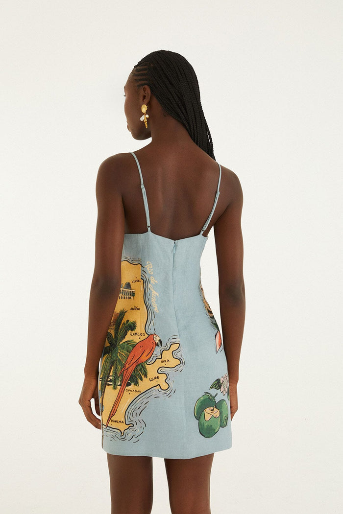 FARM Rio model wearing the Blue Beaches Path Ballon Mini Dress