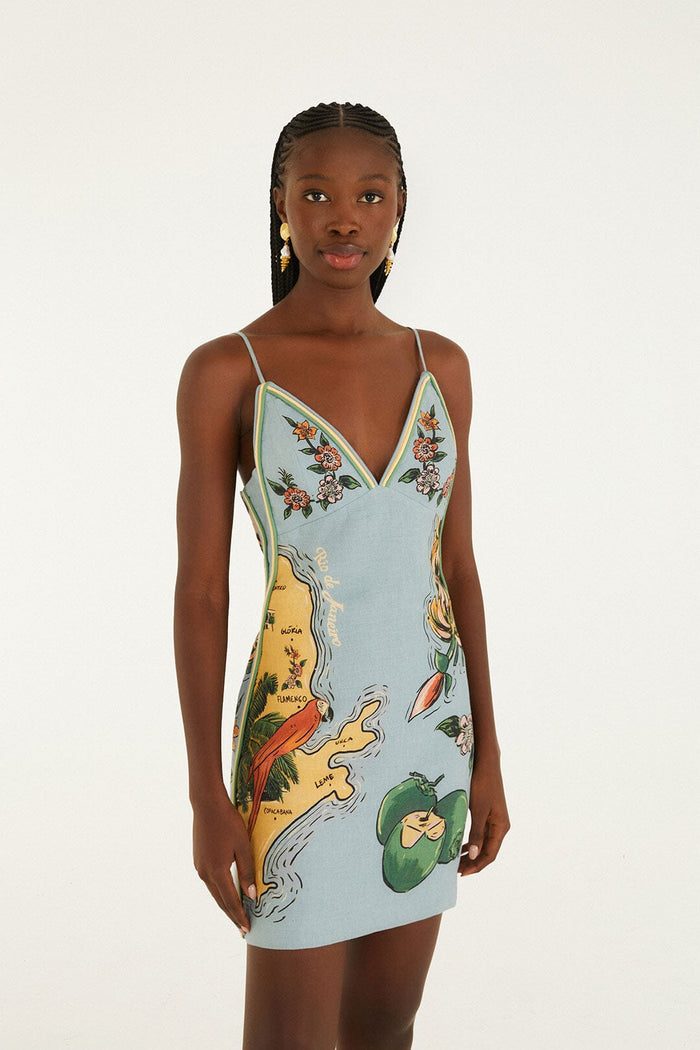 FARM Rio model wearing the Blue Beaches Path Ballon Mini Dress