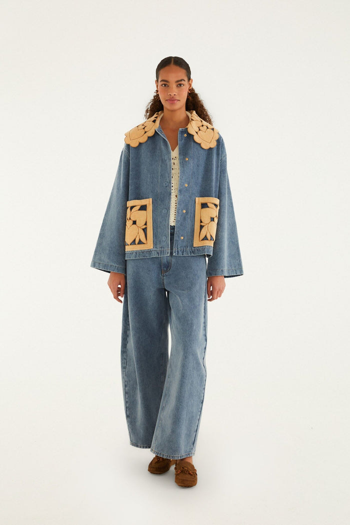 FARM Rio model wearing the Blue Denim Richelieu Wide-Leg Pants
