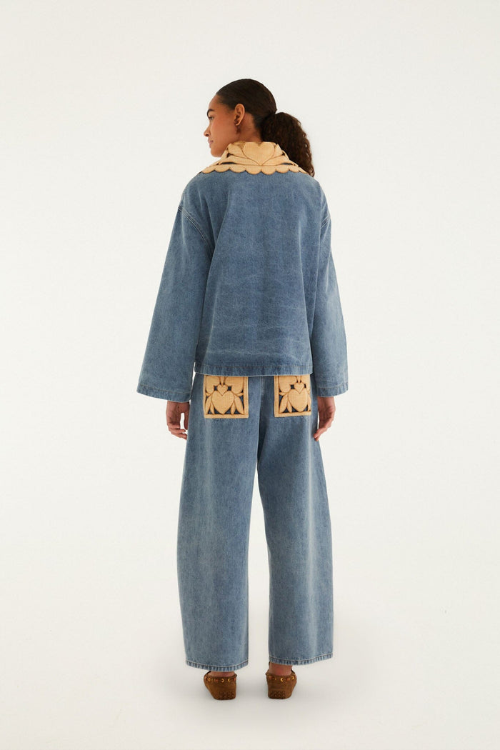 FARM Rio model wearing the Blue Denim Richelieu Wide-Leg Pants