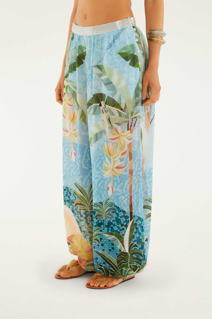 Blue Embroidered Side Buttons Balloon Pants