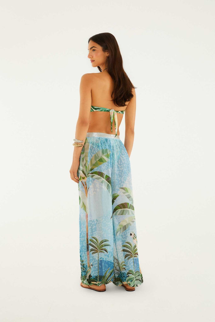 Blue Embroidered Side Buttons Balloon Pants