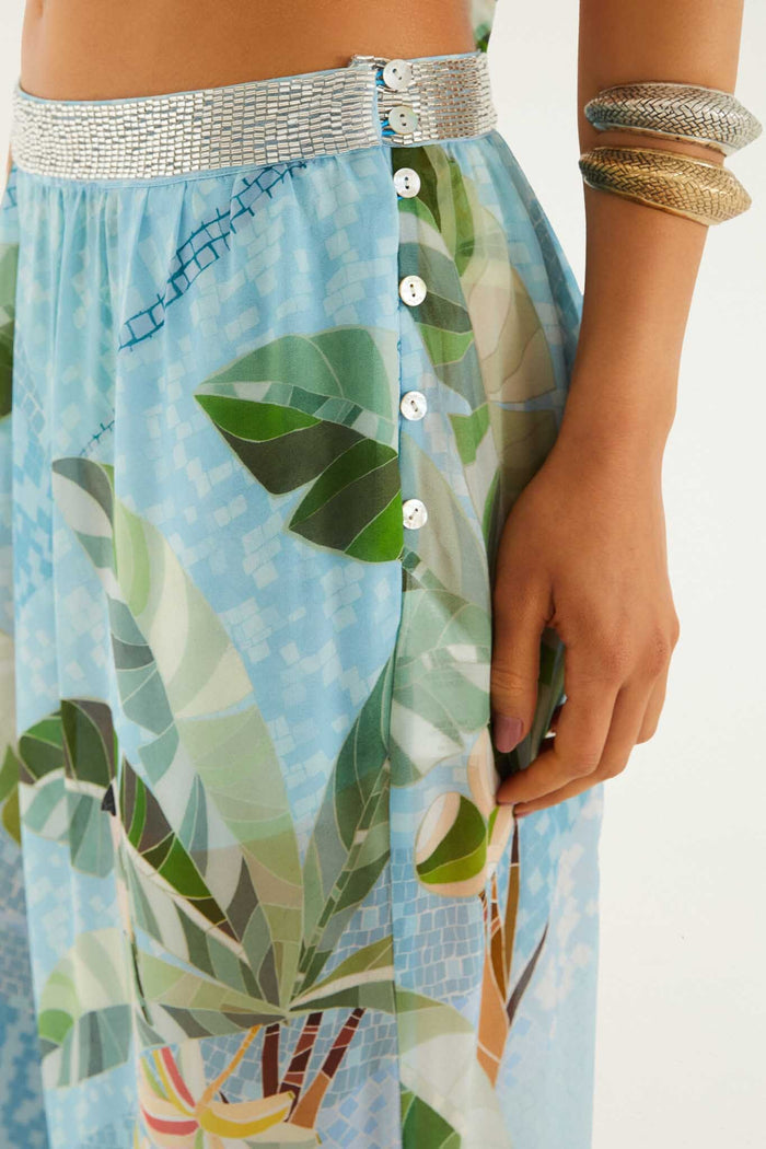 Blue Embroidered Side Buttons Balloon Pants