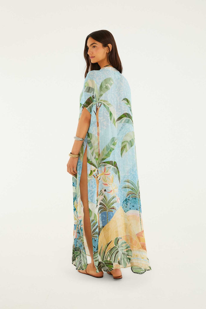 Blue Embroidered Side Slits Maxi Kimono