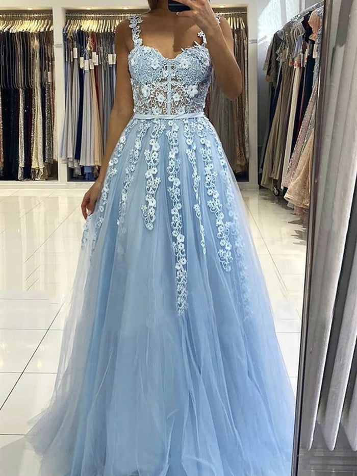Blue Lace Prom Dresses with Straps, Blue Lace Formal Evening Graduation Dresses