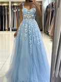 Blue Lace Prom Dresses with Straps, Blue Lace Formal Evening Graduation Dresses