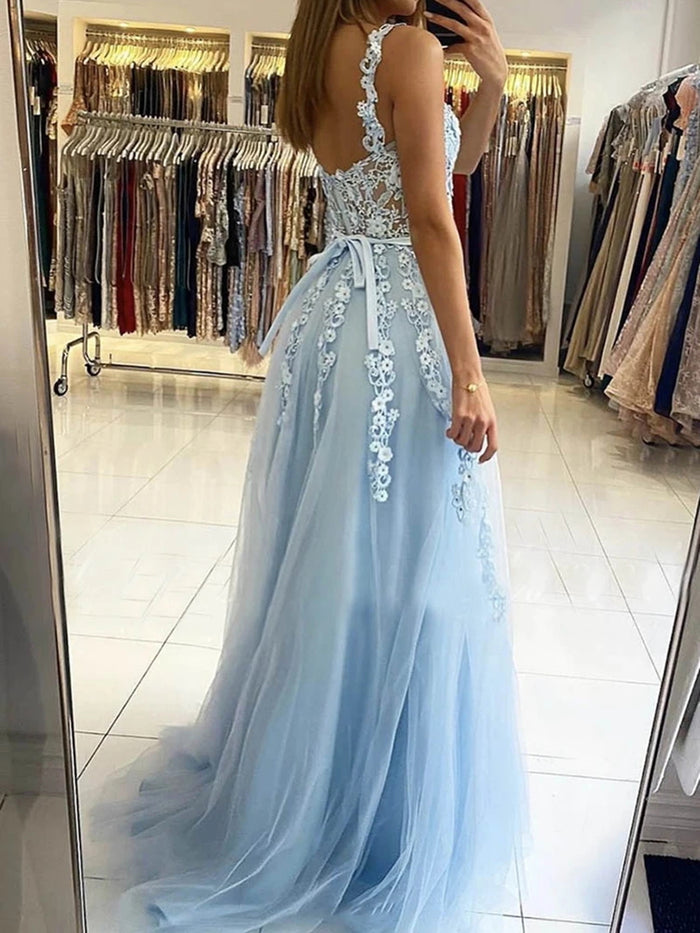 Blue Lace Prom Dresses with Straps, Blue Lace Formal Evening Graduation Dresses