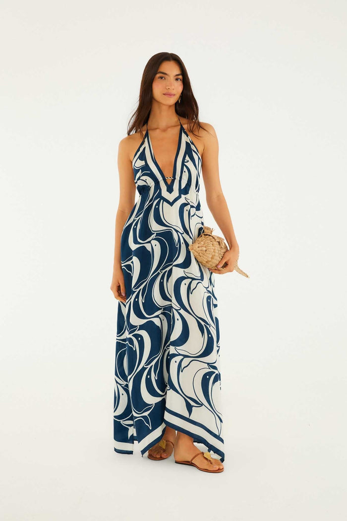 FARM Rio model wearing the Blue Plunging Neck Maxi Dress