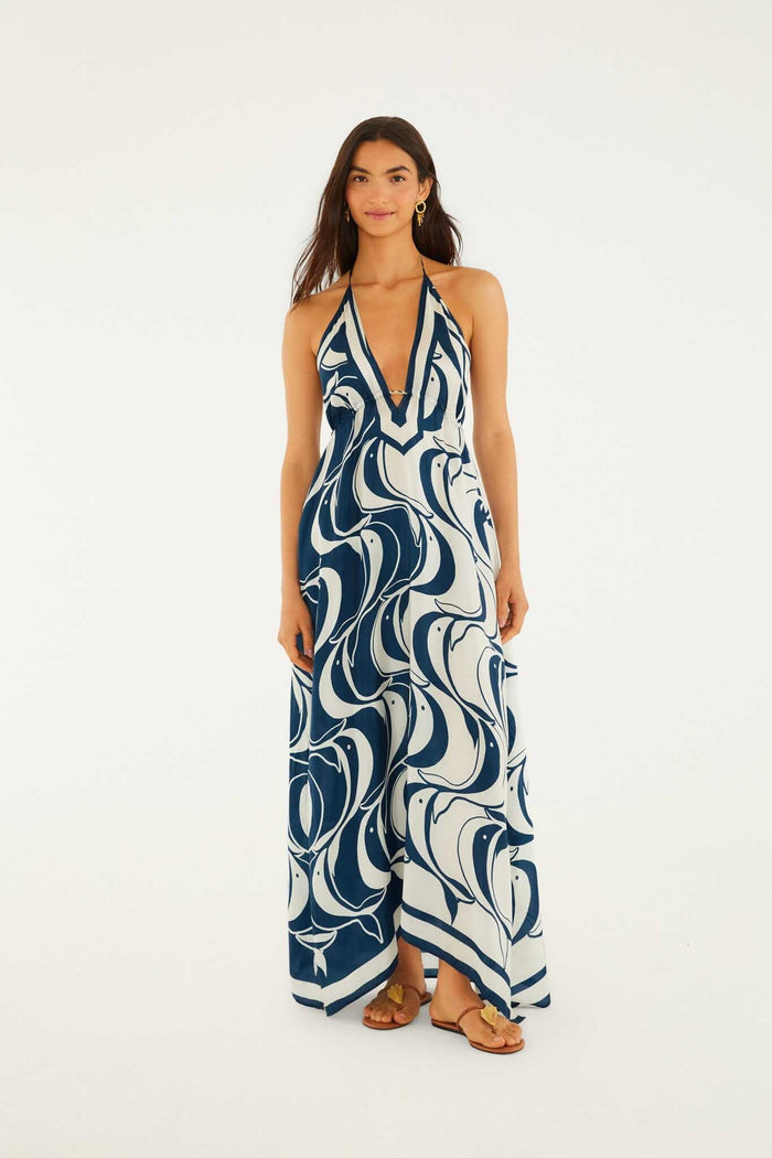 FARM Rio model wearing the Blue Plunging Neck Maxi Dress