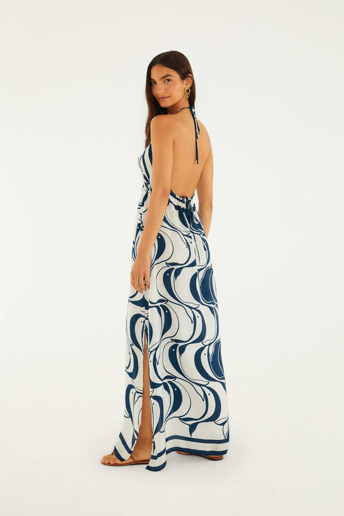 FARM Rio model wearing the Blue Plunging Neck Maxi Dress