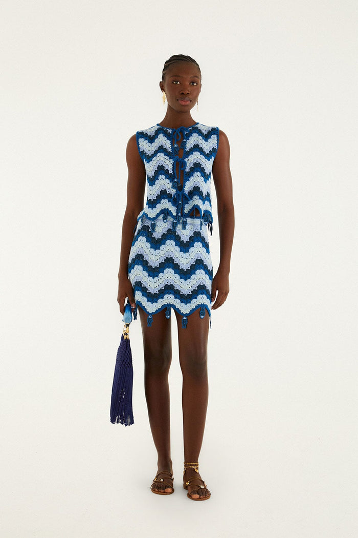 FARM Rio model wearing the Blue Waves Crochet Mini Skirt