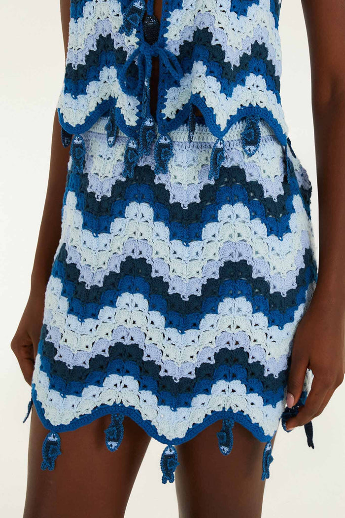 FARM Rio model wearing the Blue Waves Crochet Mini Skirt
