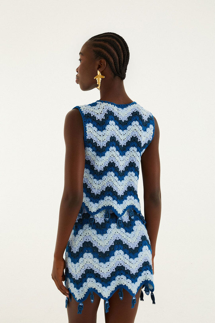 FARM Rio model wearing the Blue Waves Crochet Mini Skirt
