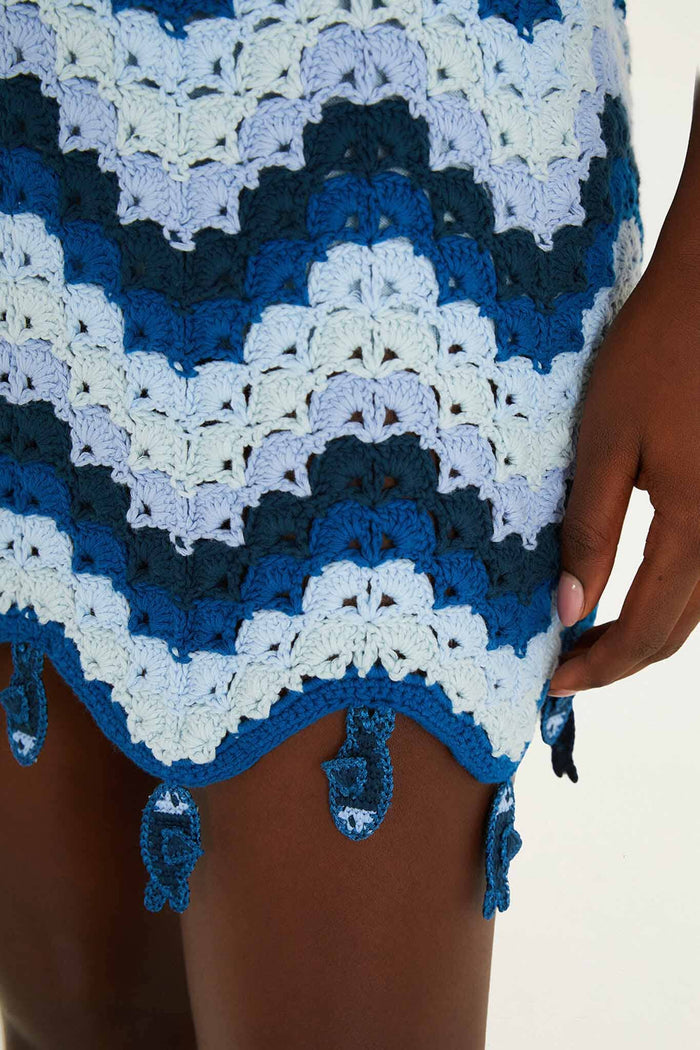FARM Rio model wearing the Blue Waves Crochet Mini Skirt