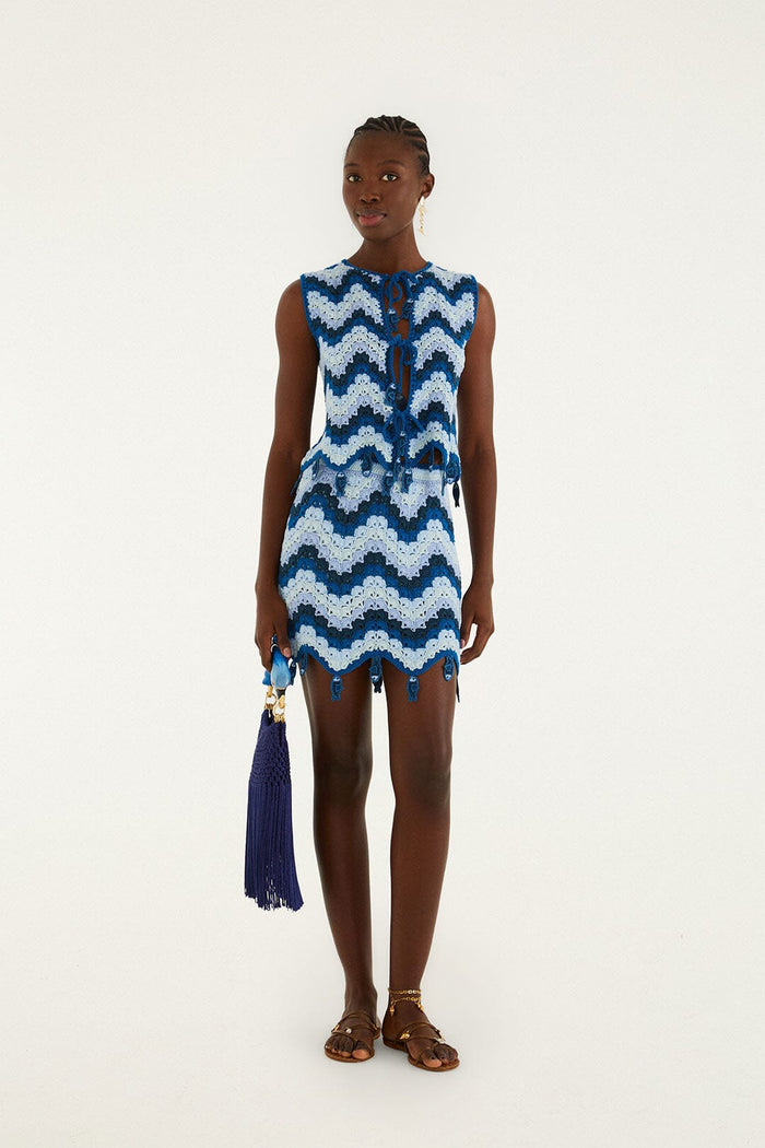 FARM Rio model wearing the Blue Waves Crochet Top