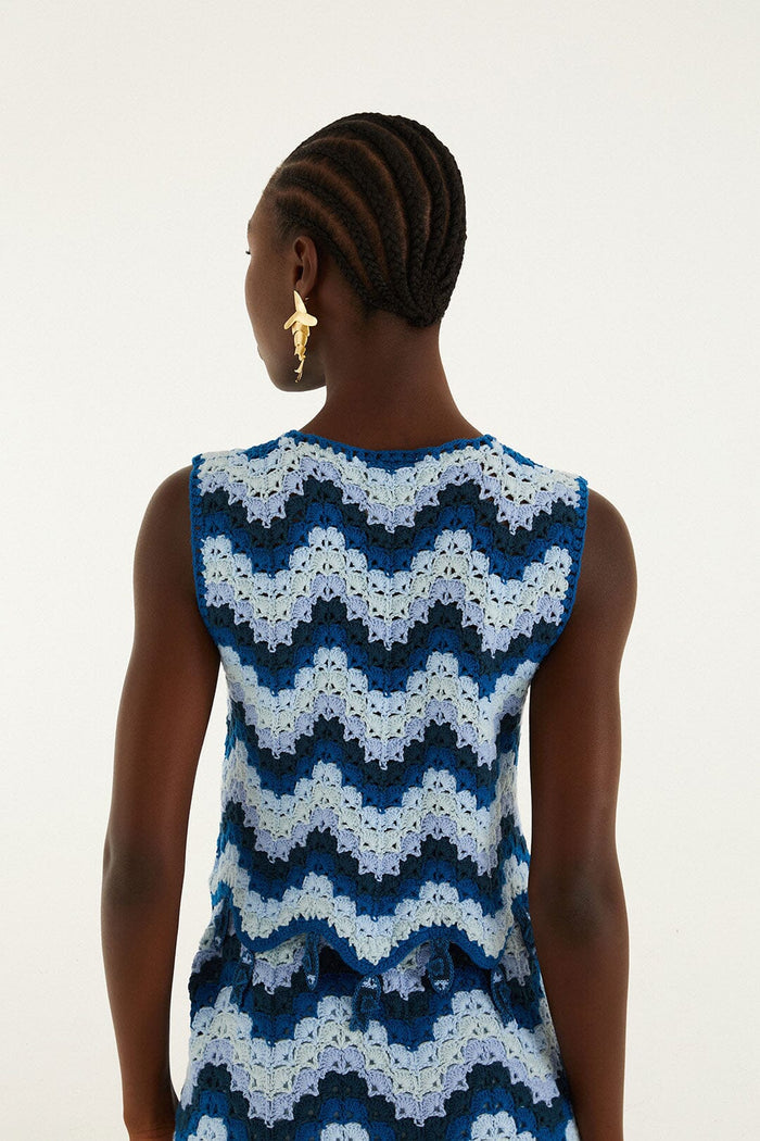 FARM Rio model wearing the Blue Waves Crochet Top