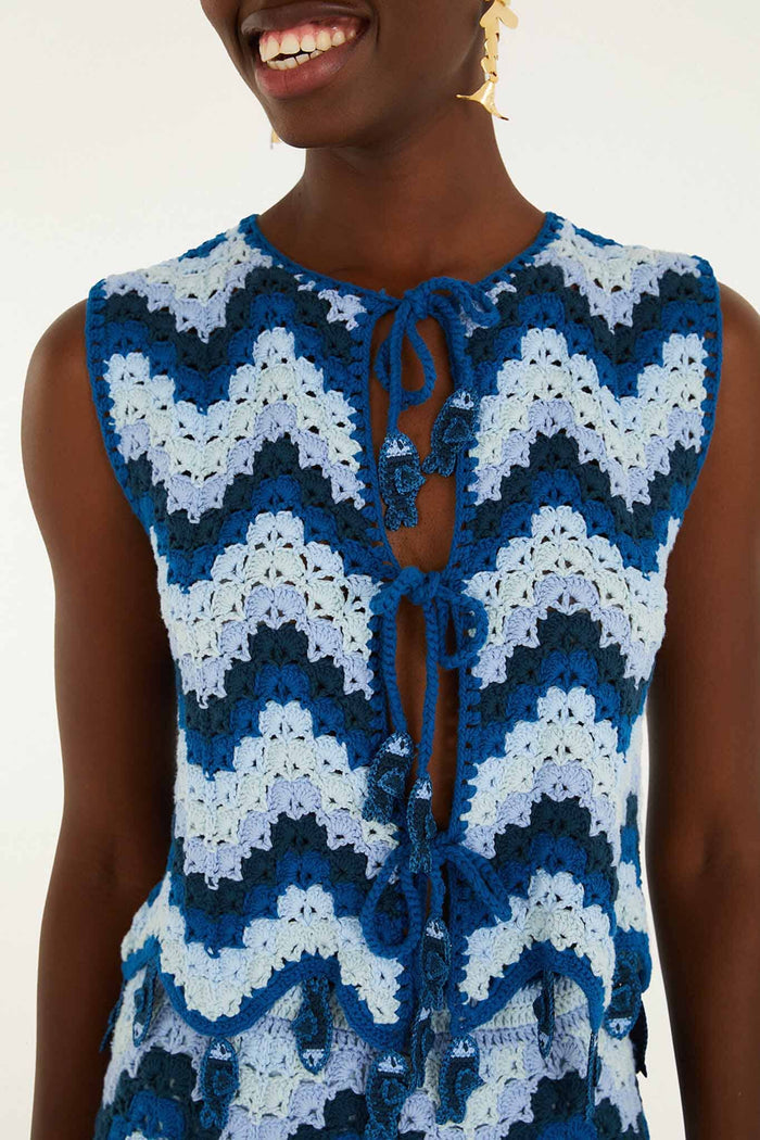 FARM Rio model wearing the Blue Waves Crochet Top