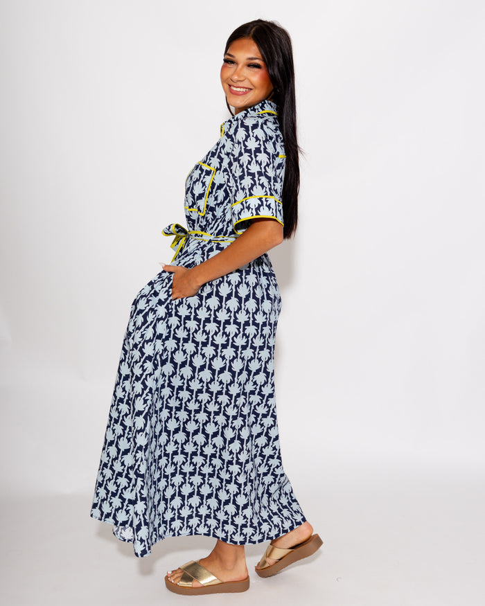 Botanical Print Belted Midi Dress