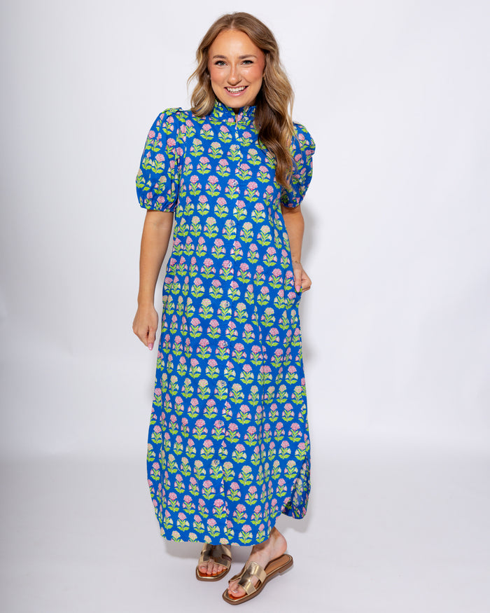 Blue Botanical Puff Sleeve Floral Midi Dress - Entro - Gaudie & Co. Southeast Texas Boutique