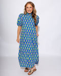 Blue Botanical Puff Sleeve Floral Midi Dress - Entro - Gaudie & Co. Southeast Texas Boutique