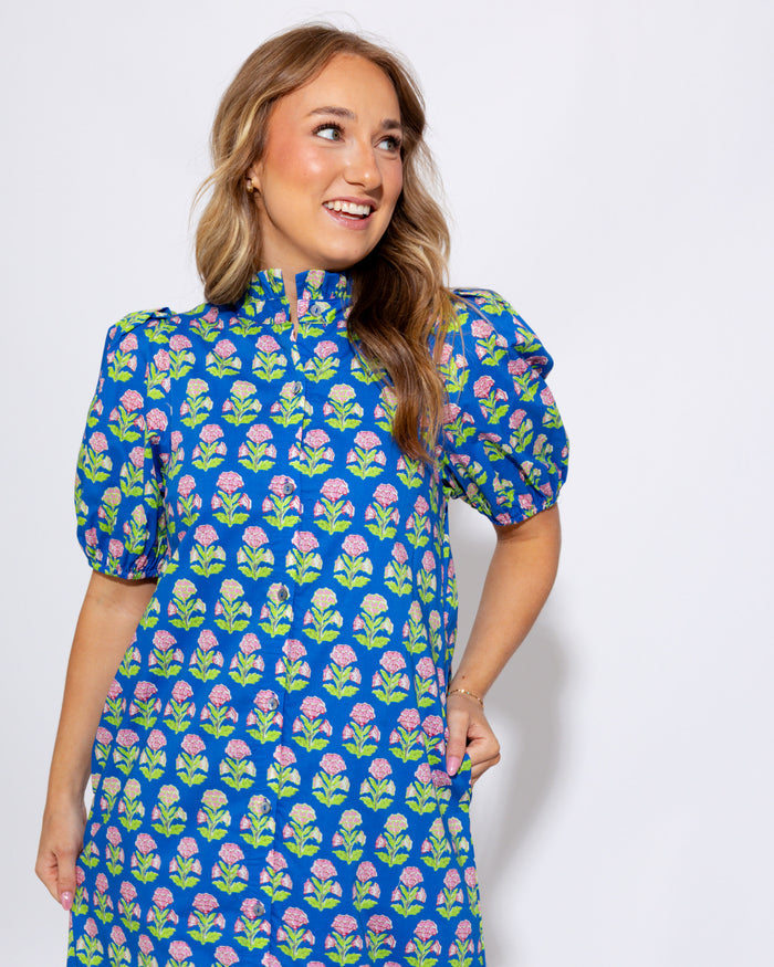 Blue Botanical Puff Sleeve Floral Midi Dress - Entro - Gaudie & Co. Southeast Texas Boutique