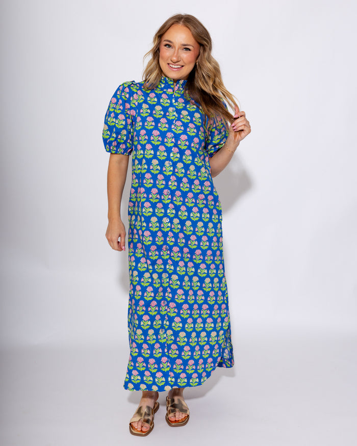 Blue Botanical Puff Sleeve Floral Midi Dress - Entro - Gaudie & Co. Southeast Texas Boutique